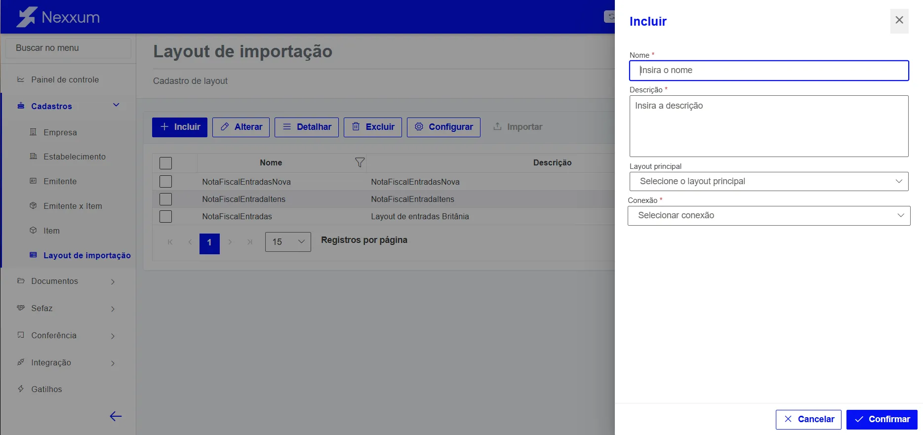 Modal de adição de layout de importação