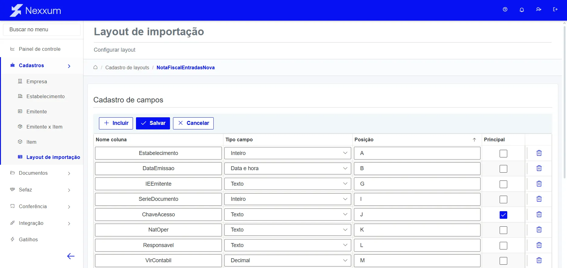 Configuração de layout de importação