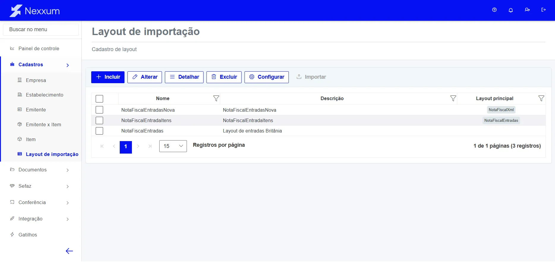 Listagem de layout de importação